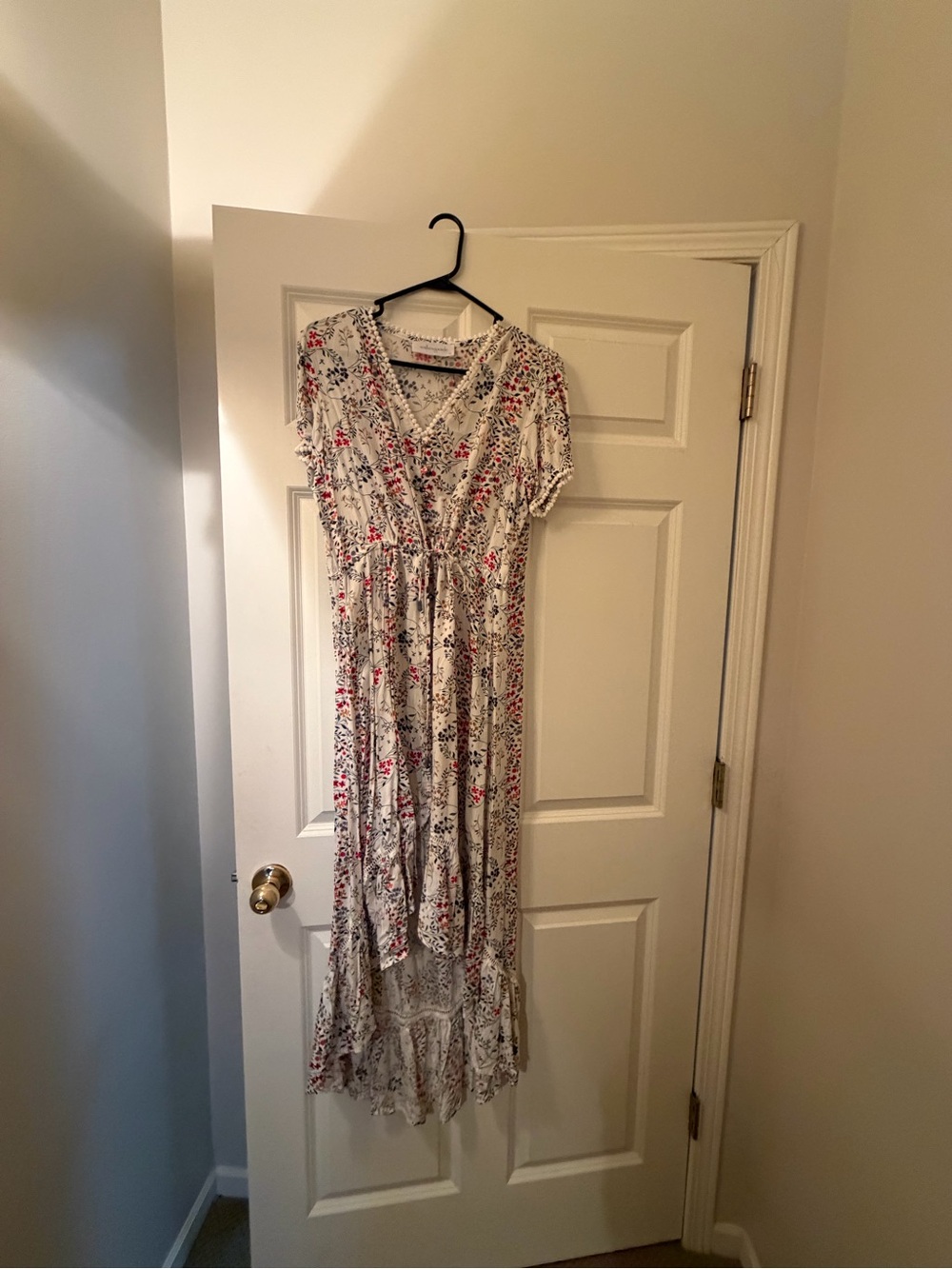 White Floral Maxi Dress with Red Print — V-Neck Wrap Style